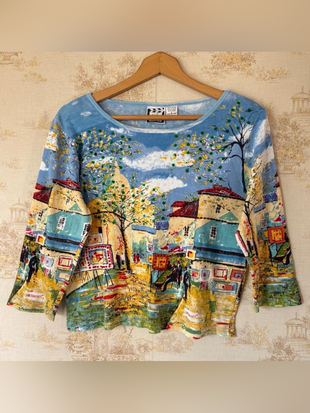 Vintage y2k Take Two Scenic Novelty Print Embellished Artsy 3/4 Sleeve Top